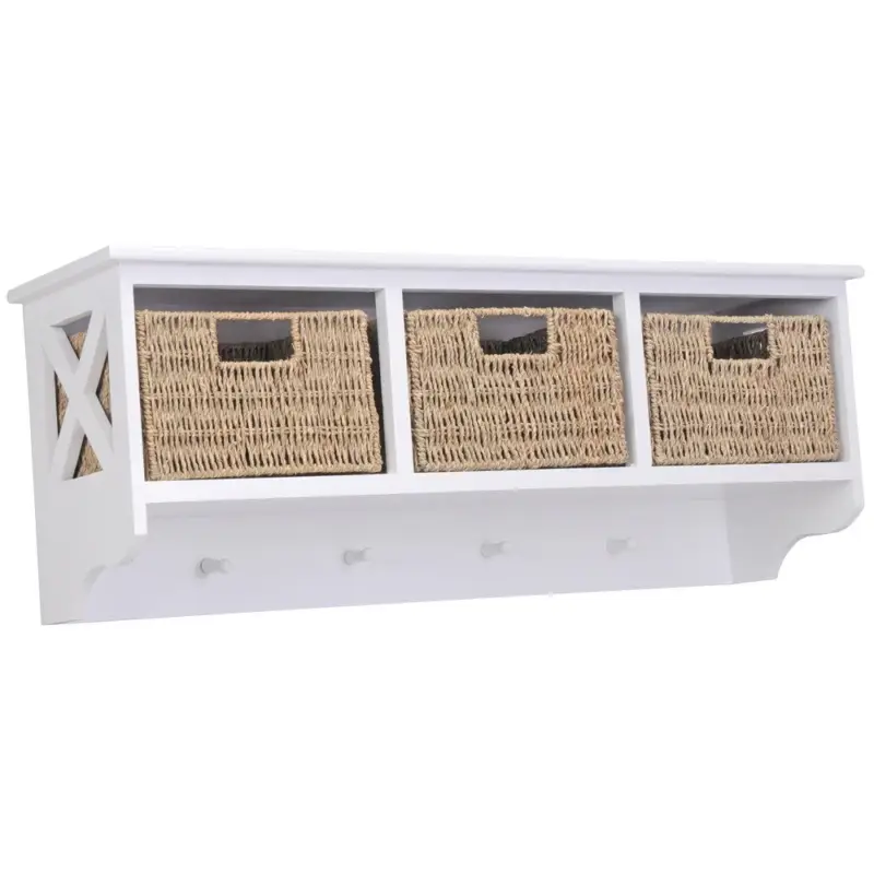 Oferta czasowa Drewniana półka z 3 koszami + haczyki na ubrania