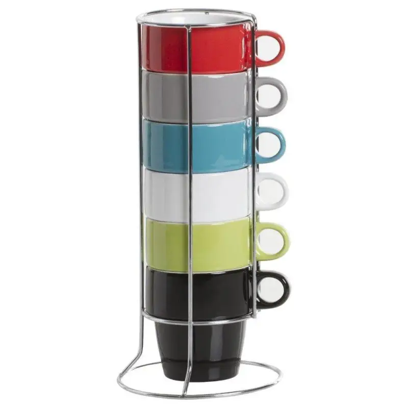 Zestaw 6 kolorowych filiżanek do cappuccino + metalowy stojak Tani