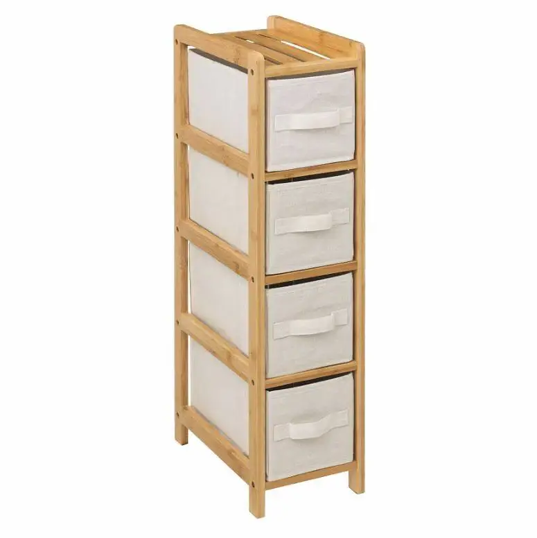 Ostatnie sztuki Wąski regał bambusowy TIDY z 4 materiałowymi koszami, wys. 78,5 cm