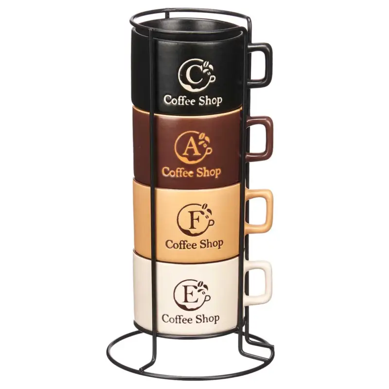 Oferta limitowana Zestaw 4 ceramicznych kubków na metalowym stojaku COFFEE SHOP, 180 ml