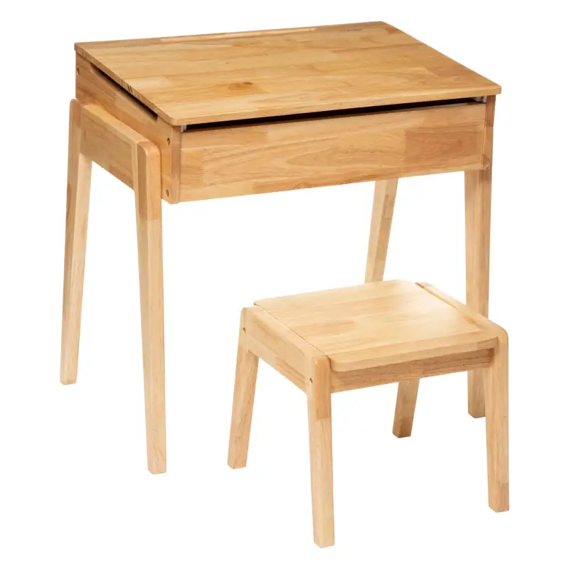 OUTLET Biurko dla dzieci ze schowkiem + taboret, drewno kauczukowe, 2w1 Łatwy zwrot