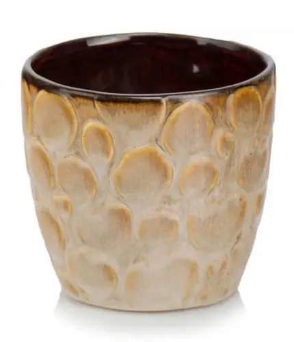 Wysoka jakość Doniczka ceramiczna osłonka okrągła tłoczenia vintage brązowo-żółta 14cm