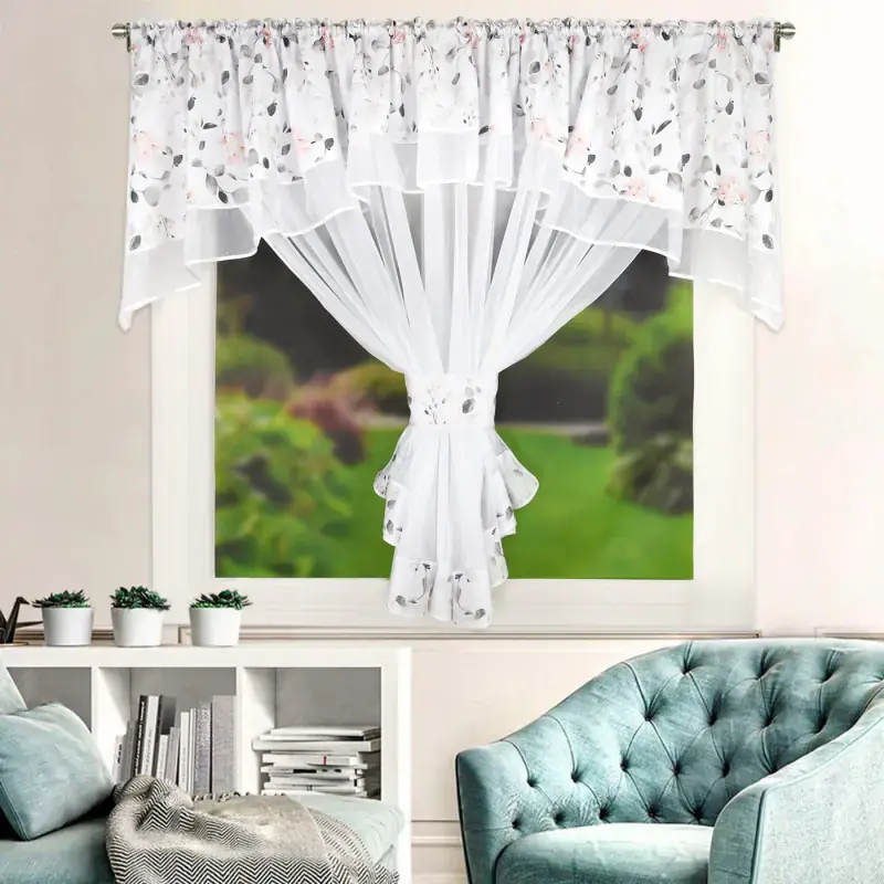 Darmowa dostawa Firana biała z lambrekinem w różowe kwiaty na taśmie 400x160cm TUANA