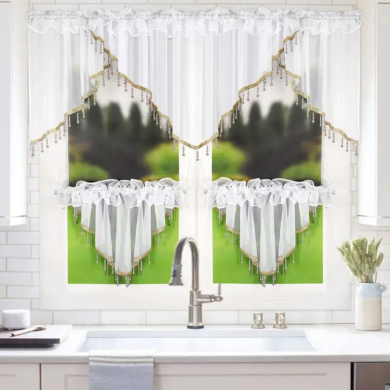 Firana z zazdrostkami zdobiona beżowymi koralikami 400x80cm FIGGO Ostatnia szansa