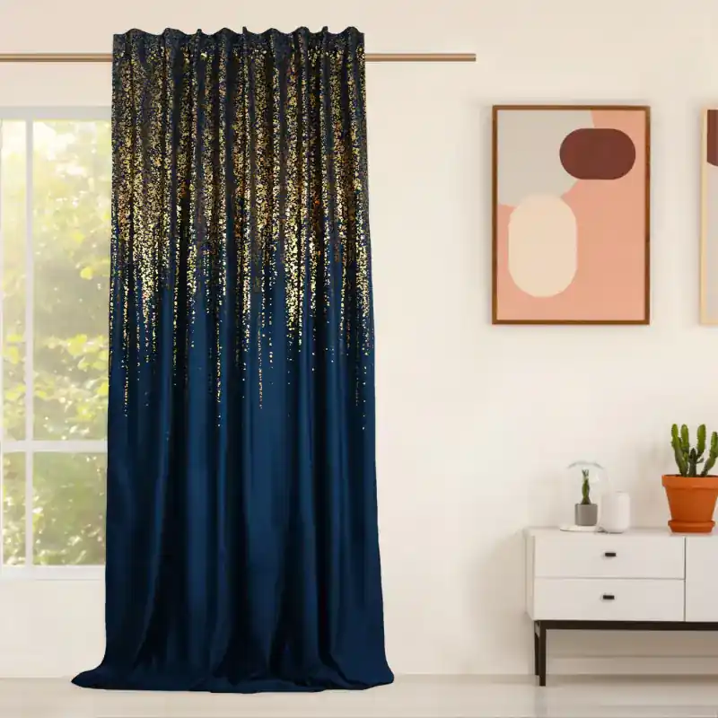 Wyjątkowa oferta Zasłona welurowa granatowa ze złotym wzorem na taśmie 140x250cm SELEYA