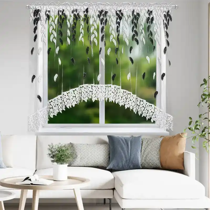 Firana markizeta łuk w haftowane biało czarne listki z gipiurą na taśmie 400x160cm NAYA Bestseller