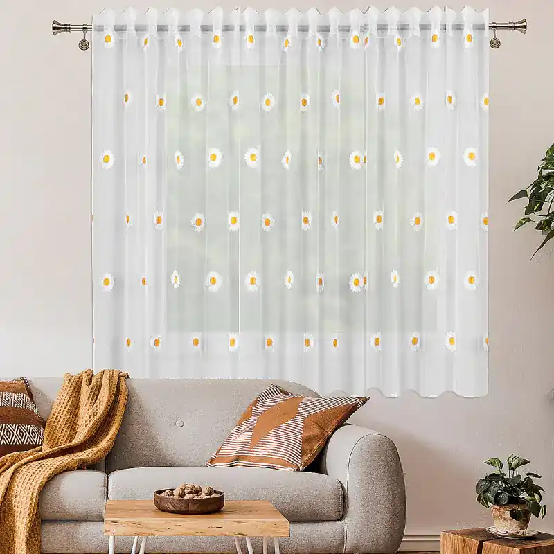 Firana markizeta z haftowanymi biało żółtymi kwiatami na taśmie 300x140cm ELOVEN Ograniczona ilość