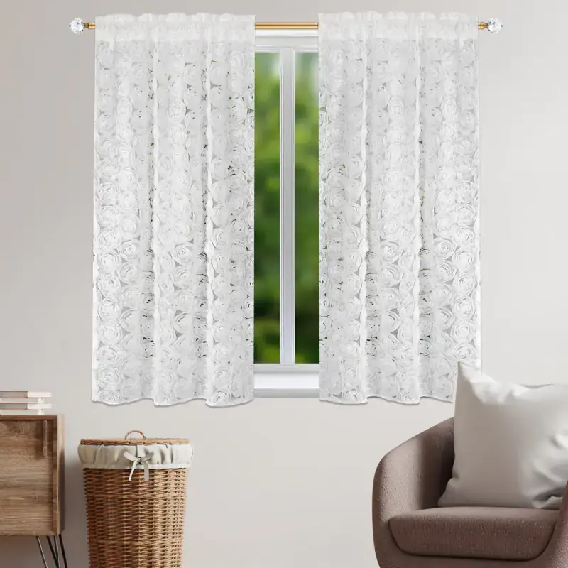 Firana z siateczki zdobiona różami 3D na taśmie WAVE 60x160cm ROSABELLA Premium