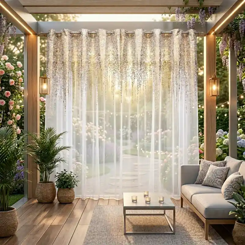 Firana ogrodowa woalowa ze złotą aplikacją na przelotkach 300x250cm CANDIRA Szybka wysyłka
