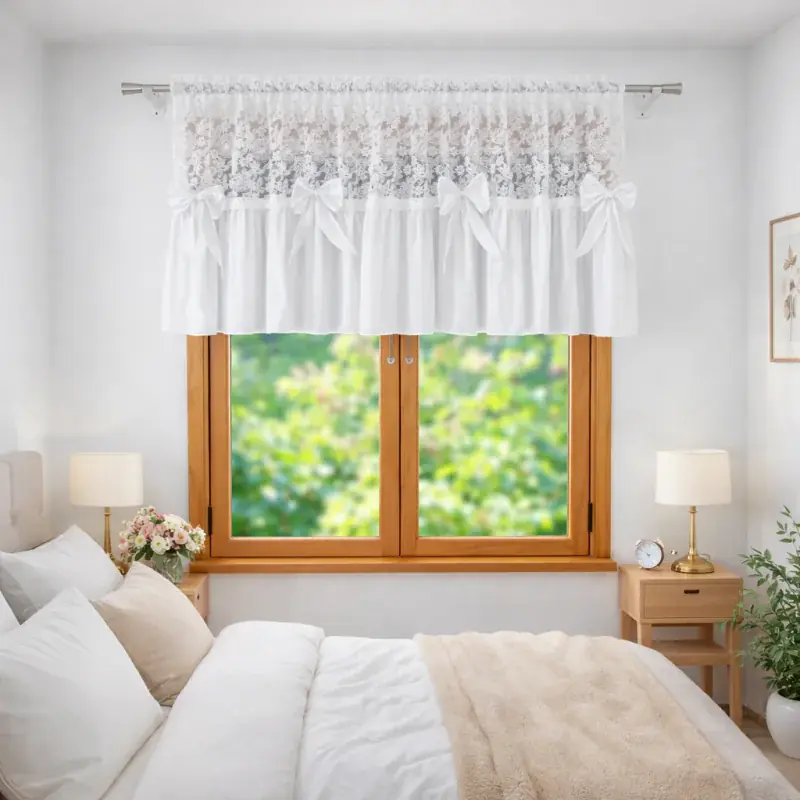 Firana zdobiona haftowanym wzorem i kokardkami na taśmie 300x145cm RIBONA Taniej