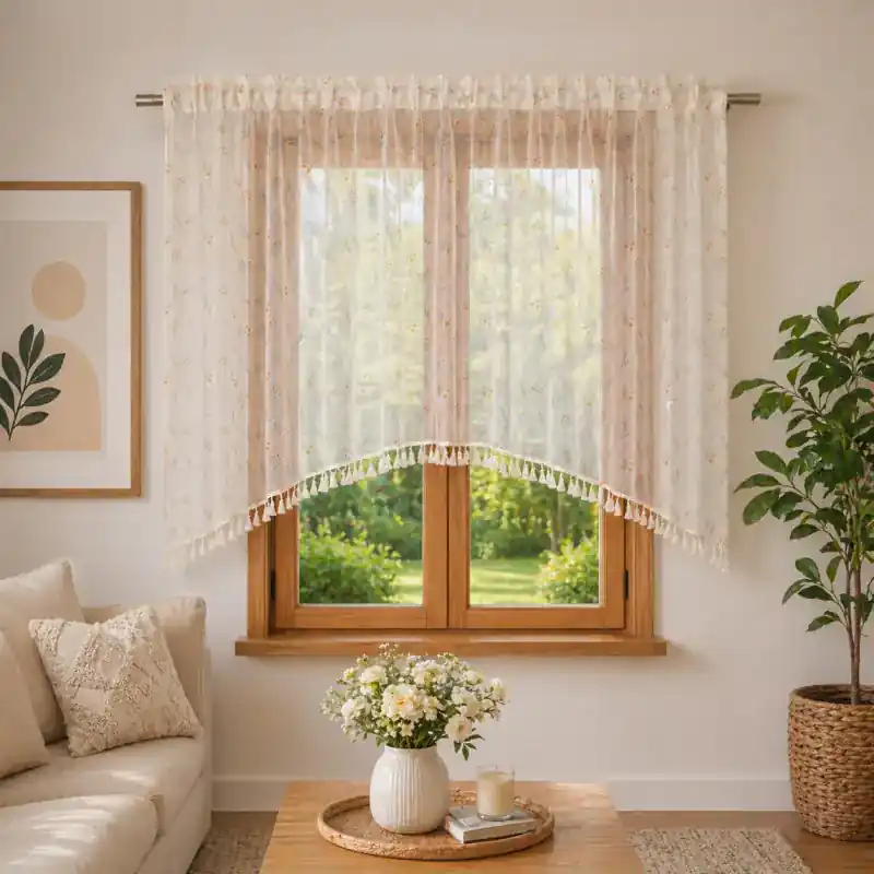 Firana z etaminy w gałązki zdobiona frędzelkami na taśmie 400x150cm NARELLA Wybór klientów