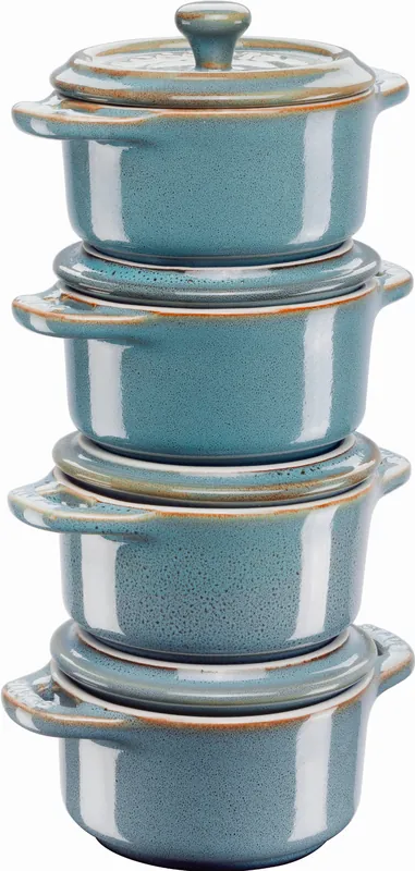 Staub Gift Giving - 4x Mini Cocotte okrągły 10 cm, antyczny turkusowy Premium