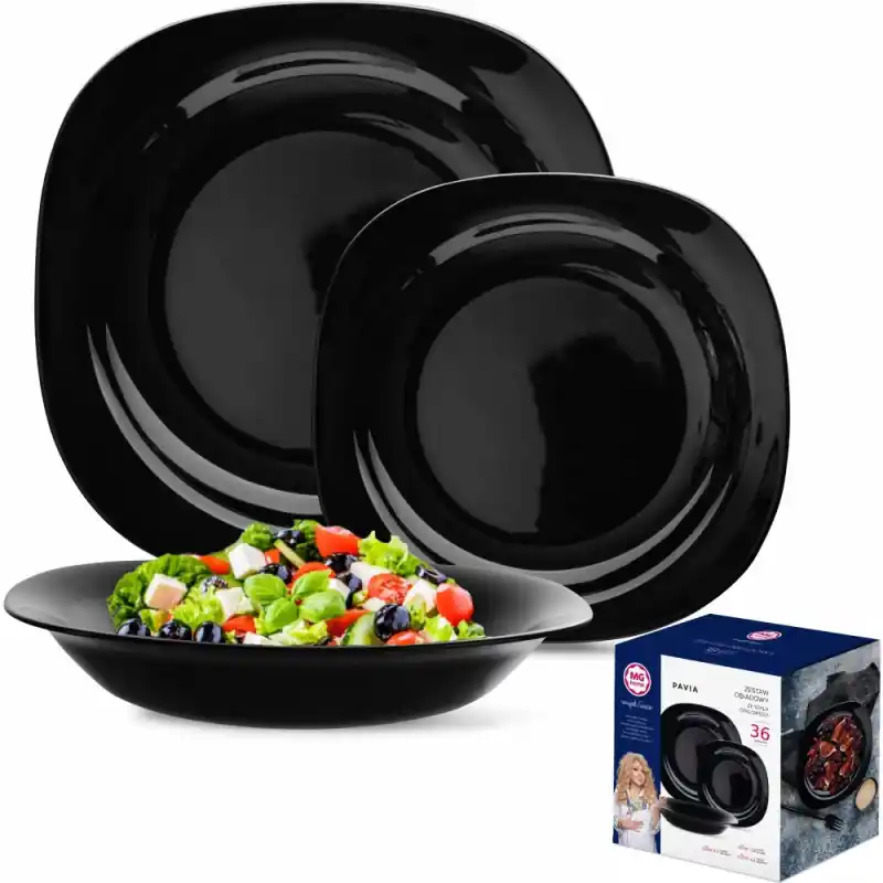 Serwis obiadowy 36 elementów dla 12 osób MG Home Pavia Black zestaw talerzy czarne talerze Premium