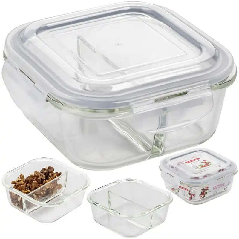 Pojemniki szklane dzielone dwukomorowe Florina Frigo 750 ml zestaw 3 sztuki kwadratowe lunchbox hermetyczne Cena promocyjna