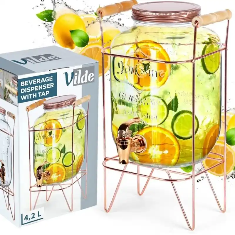 Słój szklany z kranikiem 4.2 L z złotym stojakiem do lemoniady napojów wody Vilde Wysoka jakość