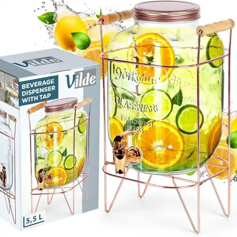 Nowy Słój szklany z kranikiem 5.5 L z złotym stojakiem do lemoniady napojów wody Vilde