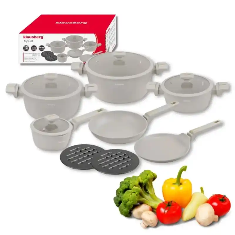 Wyjątkowa oferta Zestaw garnków aluminiowych beżowych z powłoką nieprzywierającą 12 el. komplet z patelnia wraz z rondlem Klausberg