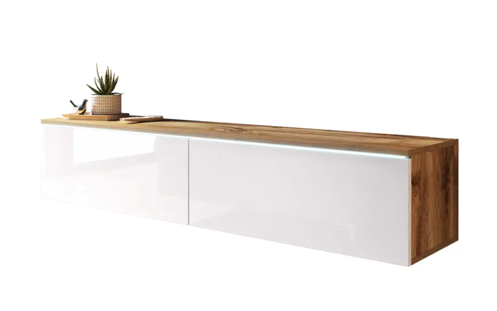 Szafka RTV Kane 140 cm Biały połysk / Dąb wotan z oświetleniem Premium