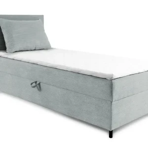 Bezpieczna płatność Łóżko kontynentalne jednosobowe Montigo Mini 90x200 cm z pojemnikiem, topperem i poduszką jasnoszare sztruks nogi czarne lewostronne