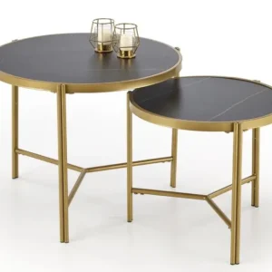 Bestseller Zestaw dwóch stolików kawowych Hesivene z okrągłymi blatami 63 cm i 48 cm czarny marmur/ złoty