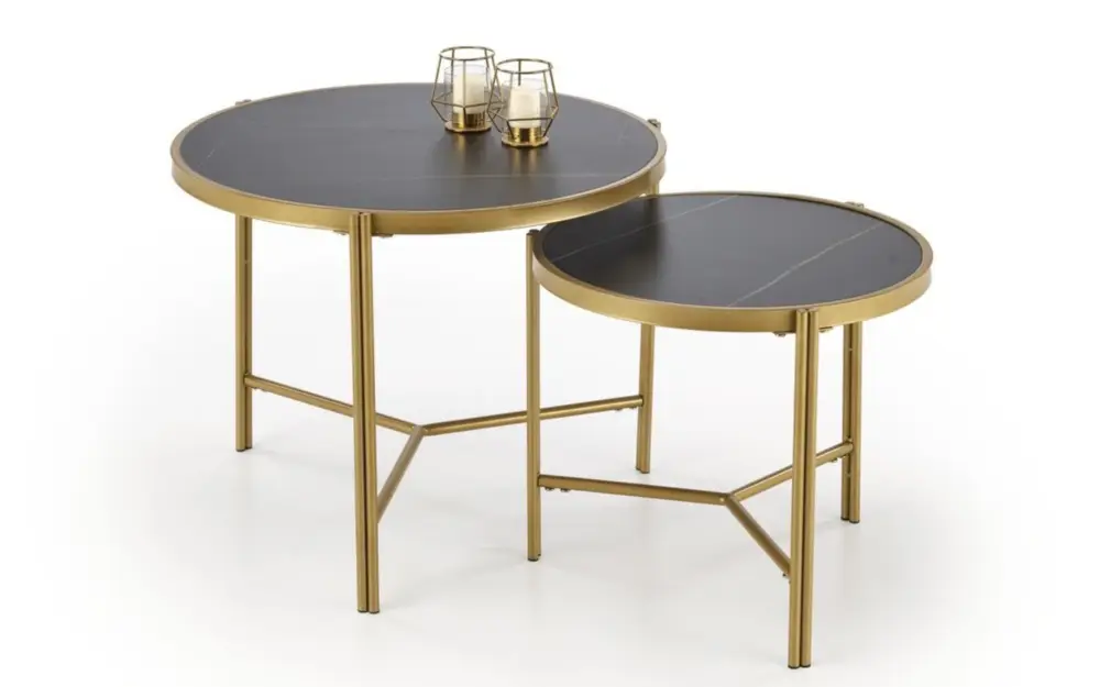 Bestseller Zestaw dwóch stolików kawowych Hesivene z okrągłymi blatami 63 cm i 48 cm czarny marmur/ złoty