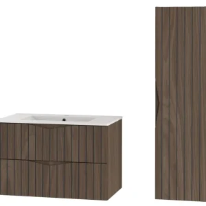 Zestaw łazienkowy z umywalką i słupkiem Stella 115 cm ryflowane fronty orzech / czarny mat Oferta czasowa
