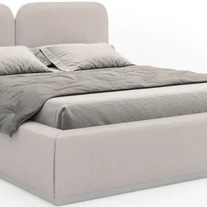 Zniżka Łóżko tapicerowane 140x200 cm Comoves z pojemnikiem i oświetleniem LED stelaż metalowy jasnobeżowe szenil