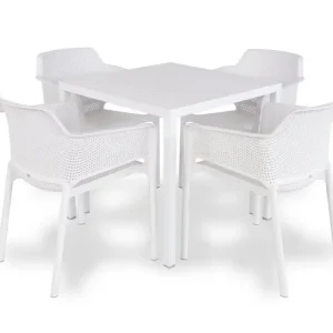 Zestaw ogrodowy stół kwadratowy Cube 80 cm i 4 krzesła z podłokietnikami Net Nardi z certyfikowanego tworzywa biały Oferta